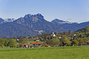 View of the village, Litzldorf, Bad Feilnbach, Heuberg mountain at the back, Upper Bavaria, Bavaria, Germany View of the village, Litzldorf, Bad Feilnbach, Heuberg mountain at the back, Upper Bavaria, Bavaria, Germany