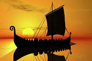 Images Dated 9th March 2011: Viking ship, sunset, silhouette, 3D graphics
