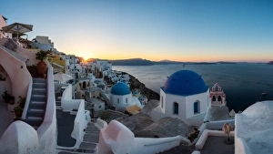 Village of Oia at sunrise, Santorini, Greece Village of Oia at sunrise, Santorini, Greece