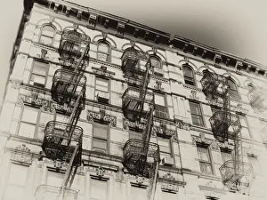 Vintage, sepia-toned rendition of a New York City landmark: fire escapes in tenement building in the Lower East Side Vintage, sepia-toned rendition of a New York City landmark: fire escapes in tenement building in the Lower East Side