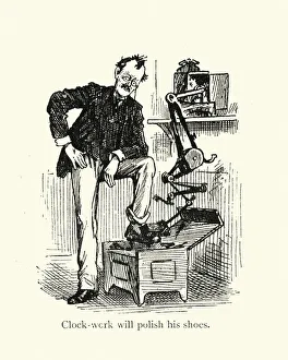 Wacky inventions, the clockwork shoe polisher, Victorian cartoon 19th Century Wacky inventions, the clockwork shoe polisher, Victorian cartoon 19th Century