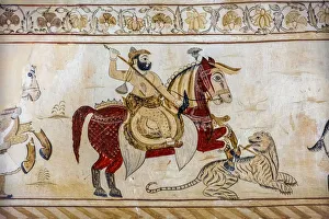 Wall painting mural of soldier on horse at Lakshminarayan temple in Orchha, Tikamgarh Wall painting mural of soldier on horse at Lakshminarayan temple in Orchha, Tikamgarh