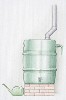 Water butt, pipe running into container on brick socket, watering can standing to left Water butt, pipe running into container on brick socket, watering can standing to left