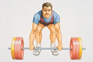 Weight lifter with bended knees struggling to lift weight from the ground, front view Weight lifter with bended knees struggling to lift weight from the ground, front view