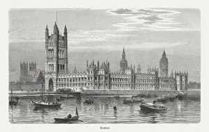 Westminster Palace in London, England, wood engraving, published in 1897 Westminster Palace in London, England, wood engraving, published in 1897