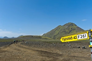 Wild gravel road with a traffic sign to Fljotshlid, Laugavegur trekking route, near Hvanngil, Highlands, Sudurland Wild gravel road with a traffic sign to Fljotshlid, Laugavegur trekking route, near Hvanngil, Highlands, Sudurland