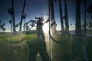 Window reflecting palm trees and cyclist carrying bicyle Window reflecting palm trees and cyclist carrying bicyle