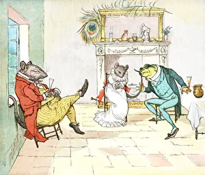 <b class=qtipBold><figcaption>Wine with Miss Mouse</figcaption></b><br>Miss Mouse and Uncle Rat entertain Frog, who is courting Miss Mouse (aA Frog he Would AaWooing Goa). From aR. Caldecottas Second Collection of Pictures and Songsa containing aThe Milkmaida, aHey Diddle Diddlea, Baby Buntinga, The Fox Jumps Over the Parsonas Gatea, aA Frog He Would a-Wooing Goa, aCome Lasses and Ladsa, aRide a Cock HorseaŠa, aA Farmer Went TrottingaŠa, aMrs Mary Blaizea and aThe Great Panjandrum Himselfa. Drawn by Randolph Caldecott; engraved and printed by E. Evans. Published by George Routledge & Sons, London & New York, c1885.<br><em>© Linda Steward</em> Wine with Miss Mouse