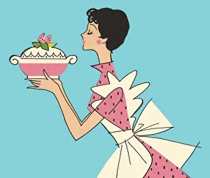 Woman Carrying a Dish with a Strawberry Dessert Woman Carrying a Dish with a Strawberry Dessert