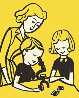 Woman, Girl, and Boy Looking Through a Microscope Woman, Girl, and Boy Looking Through a Microscope