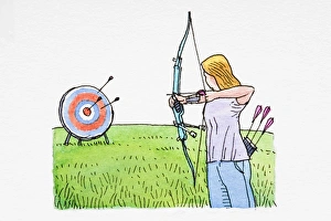 Woman holding bow and arrow, aiming at target Woman holding bow and arrow, aiming at target