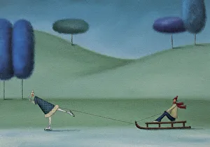 Woman Ice Skating Pulling a Man on a Sled Woman Ice Skating Pulling a Man on a Sled