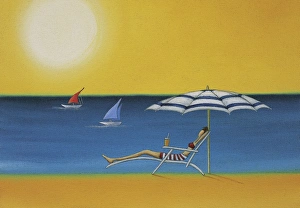 Woman Lying on a Sun Lounger Under a Parasol on a Sunny Beach Woman Lying on a Sun Lounger Under a Parasol on a Sunny Beach