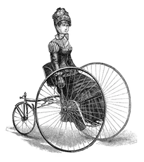 Woman riding Penny Farthing bike 1885 illustration Woman riding Penny Farthing bike 1885 illustration