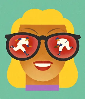 Woman Seeing Baseball Players in Her Glasses Woman Seeing Baseball Players in Her Glasses