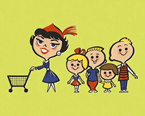 Woman with Shopping Cart and Four Children Woman with Shopping Cart and Four Children