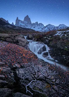 Wonderful view of waterfall and Fitz Roy mountain, Patagonia, El Chalten, Argentina Wonderful view of waterfall and Fitz Roy mountain, Patagonia, El Chalten, Argentina