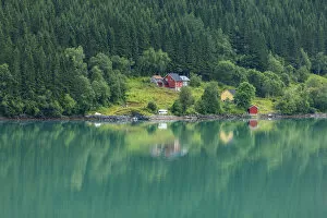 Images Dated 23rd July 2011: Wooden farmhouses on hill by fjord, Olden, Norway
