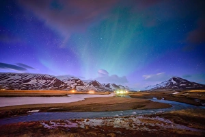 Wooden house on the background of the aurora in winter, Iceland Wooden house on the background of the aurora in winter, Iceland