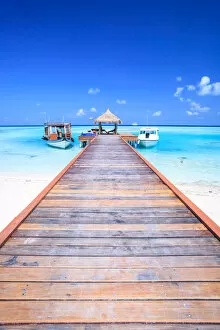 South Male Atoll Gallery: Wooden pier with boats, indian ocean, Maldives