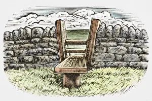Wooden stile in stone wall enclosing a field Wooden stile in stone wall enclosing a field