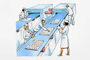 Workers on production line at food processing plant, supervisor taking notes on clipboard Workers on production line at food processing plant, supervisor taking notes on clipboard