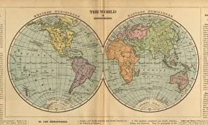 World in Hemispheres Antique Victorian Engraved Colored Map, 1899 World in Hemispheres Antique Victorian Engraved Colored Map, 1899
