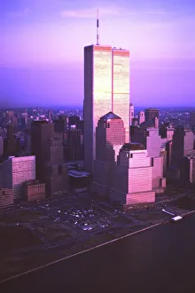 <b class=qtipBold><figcaption>World trade center at dusk</figcaption></b><br>This is an aerial photograph of the twin towers World Trade Center in New York city at dusk, taken from above the Hudson river.<br><em>© Jerry Trudell</em> World trade center at dusk