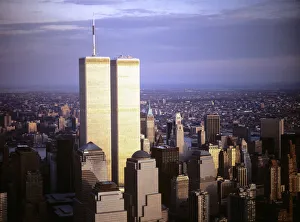 <b class=qtipBold><figcaption>World Trade Center twin towers</figcaption></b><br>This is an aerial view of the World Trade Center, twin towers from above the Hudson river and New York Harbor at dusk.<br><em>© Jerry Trudell</em> World Trade Center twin towers