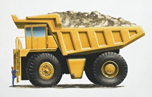 Yellow earth mover truck with man climbing side ladder, side view Yellow earth mover truck with man climbing side ladder, side view