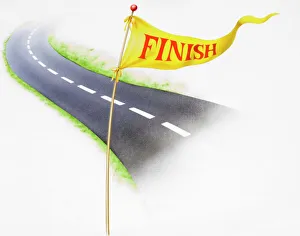Yellow finish flag on mast flying in the wind by side of road Yellow finish flag on mast flying in the wind by side of road