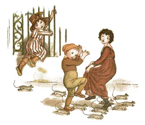 Young girl and two children trying to escape from rats Young girl and two children trying to escape from rats