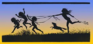 Young girl playing with her brothers at sunset in nature art nouveau 1896 Young girl playing with her brothers at sunset in nature art nouveau 1896