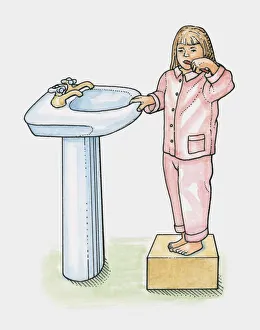 Young girl in pyjamas standing on box next to basin, brushing her teeth Young girl in pyjamas standing on box next to basin, brushing her teeth