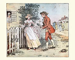 Young man walking his girlfriend home at the end of the day, Victorian 19th Century Young man walking his girlfriend home at the end of the day, Victorian 19th Century