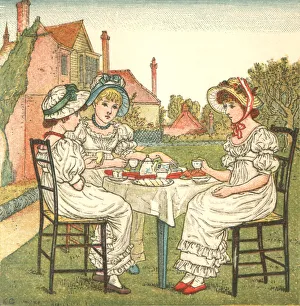 Three young Regency style ladies taking tea in a garden Three young Regency style ladies taking tea in a garden