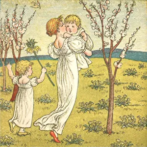 Young Regency style mother and her children in spring Young Regency style mother and her children in spring