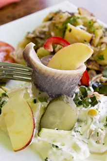 Young salted herring with yoghurt dressing, fruit and potatoes Young salted herring with yoghurt dressing, fruit and potatoes
