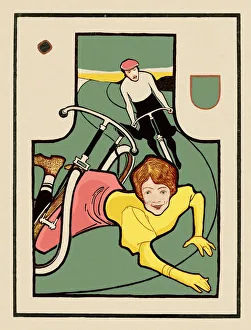 Young woman in dress with bicycle falling after crash art nouveau 1897 Young woman in dress with bicycle falling after crash art nouveau 1897
