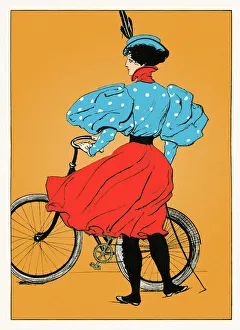 Young woman in dress with bicycle on orange background art nouveau 1897 Young woman in dress with bicycle on orange background art nouveau 1897