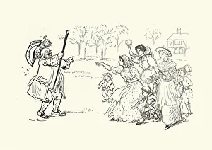 Young woman throwing soft balls at the beadle during a May day festival, Victorian Young woman throwing soft balls at the beadle during a May day festival, Victorian