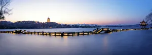 Chinese Gallery: A zig zag bridge agsinst Leifeng Pagoda on the West Lake, Hangzhou