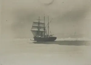 The Nimrod charging the ice of the Sound with her foresails set The Nimrod charging the ice of the Sound with her foresails set