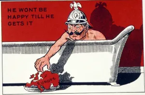 Prints of Cartoon of Kaiser Bill in the Bath Tub with the caption He Wont be Happy Till He Gets It Related Image Prints: Kaiser Bill in the Bath Tub Print