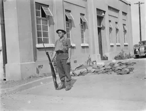 Armed guard for Southern Railway control room in Crayford, Kent. 1939 Armed guard for Southern Railway control room in Crayford, Kent. 1939
