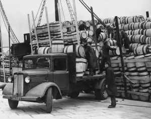 Barrels for the Shetland catch of herring being unloaded at Lerwick, 1949 Barrels for the Shetland catch of herring being unloaded at Lerwick, 1949