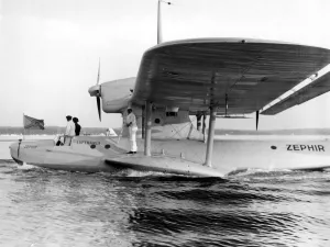 Blazing air mail route across Atlantic Lufthansa Dornier flying boat Zephir resting Blazing air mail route across Atlantic Lufthansa Dornier flying boat Zephir resting