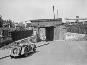 Caution signs on a narrow bridge in Crayford, Kent. 1938 Caution signs on a narrow bridge in Crayford, Kent. 1938