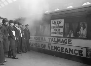 Cinema coach on Flying Scotsman at Kings Cross before its first journey Cinema coach on Flying Scotsman at Kings Cross before its first journey