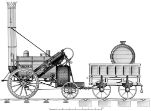 Drawing of The Rocket - this locomotive was built by George Stevenson at Newcastle-on-Tyne Drawing of The Rocket - this locomotive was built by George Stevenson at Newcastle-on-Tyne